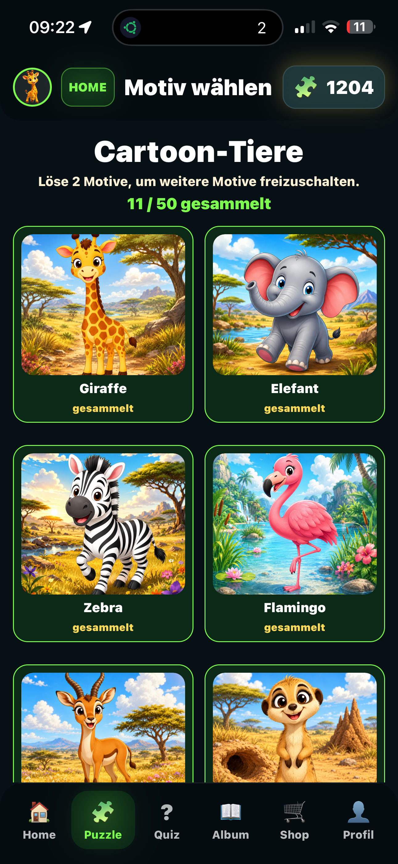 Motiv-Auswahl mit Cartoon-Tieren in World of Puzzle