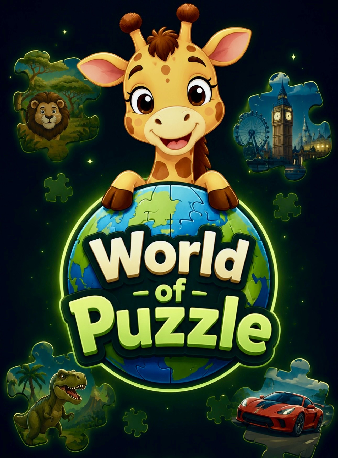 World of Puzzle Cover mit Giraffe und Puzzle-Motiven
